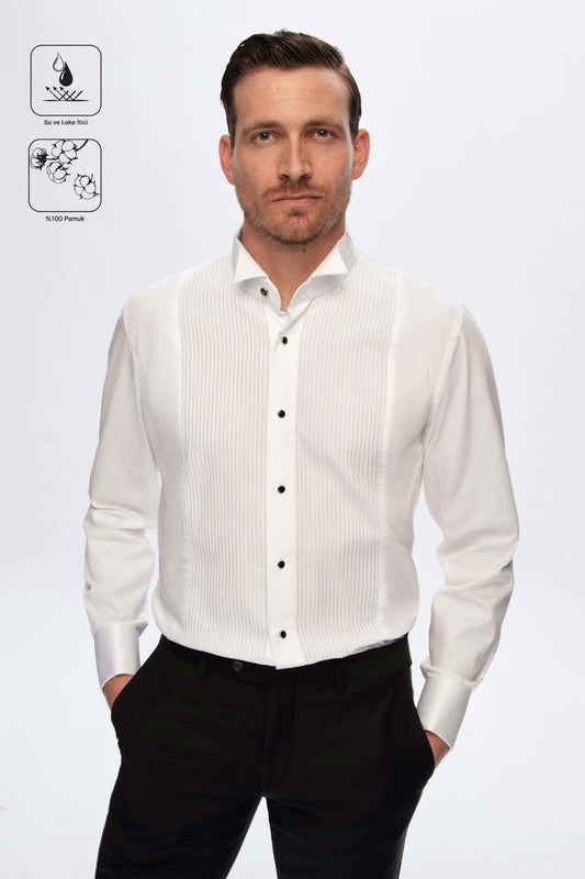 Damat Slim Fit Beyaz Jakar Desenli Smokin Gömlek
