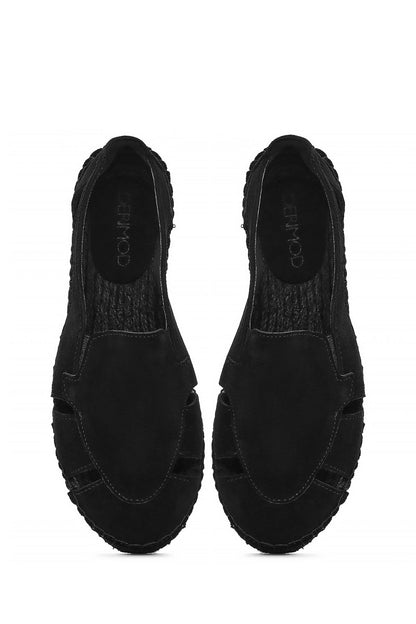 Kadın Siyah Süet Deri Espadril Sandalet