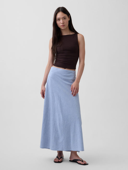 Açık Mavi Keten Karışımı Maxi Slip Etek