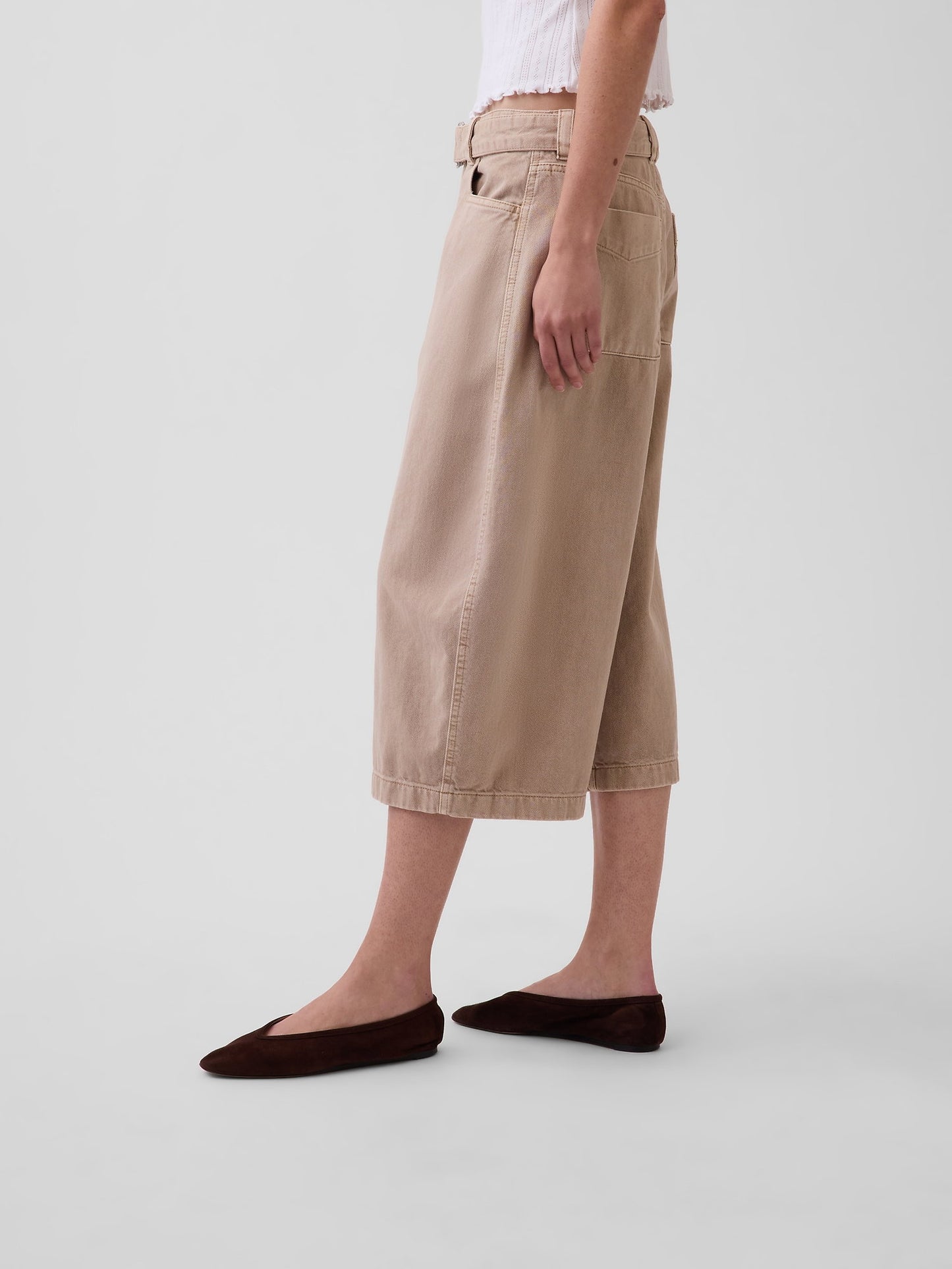 Bej Mid Rise Kemerli Culotte Barrel Pantolon