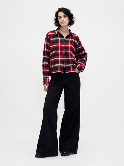 Bordo Flannel Straight-hem Crop Gömlek