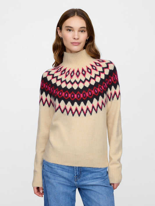 Bej Fair Isle Desenli Balıkçı Yaka Kazak