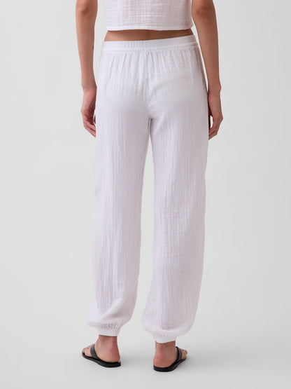 Beyaz Pamuk Gauze Barrel Jogger Pantolon