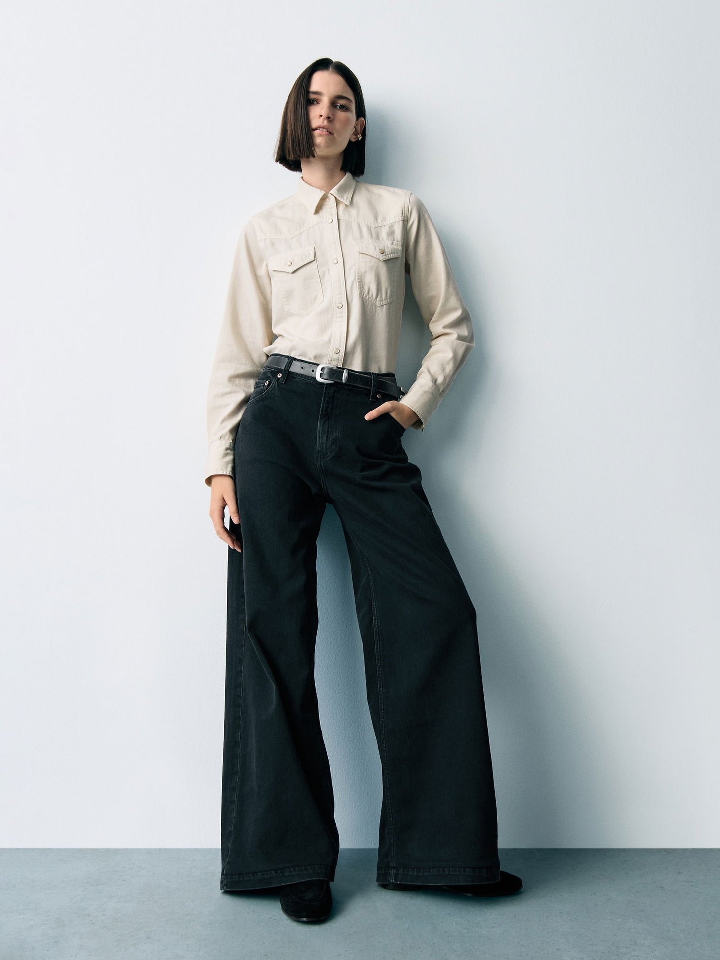 Siyah High Rise Stride Wide-leg Jean Pantolon
