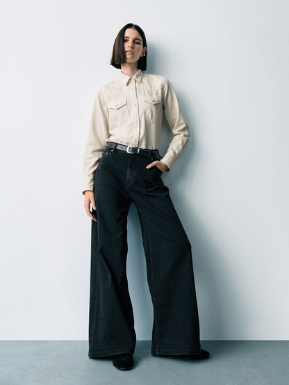 Siyah High Rise Stride Wide-leg Jean Pantolon