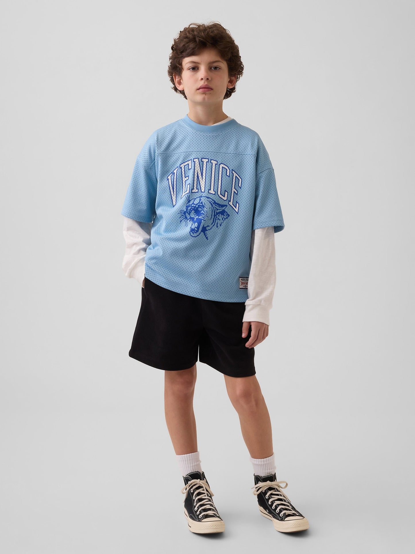 Açık Mavi Mesh Oversized Grafik Jersey T-shirt