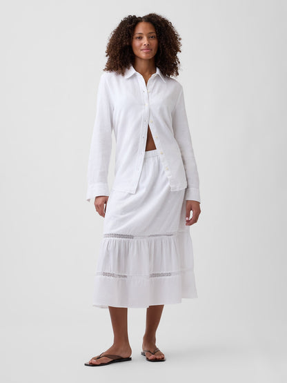 Beyaz Oversized Keten Karışımlı Easy Gömlek