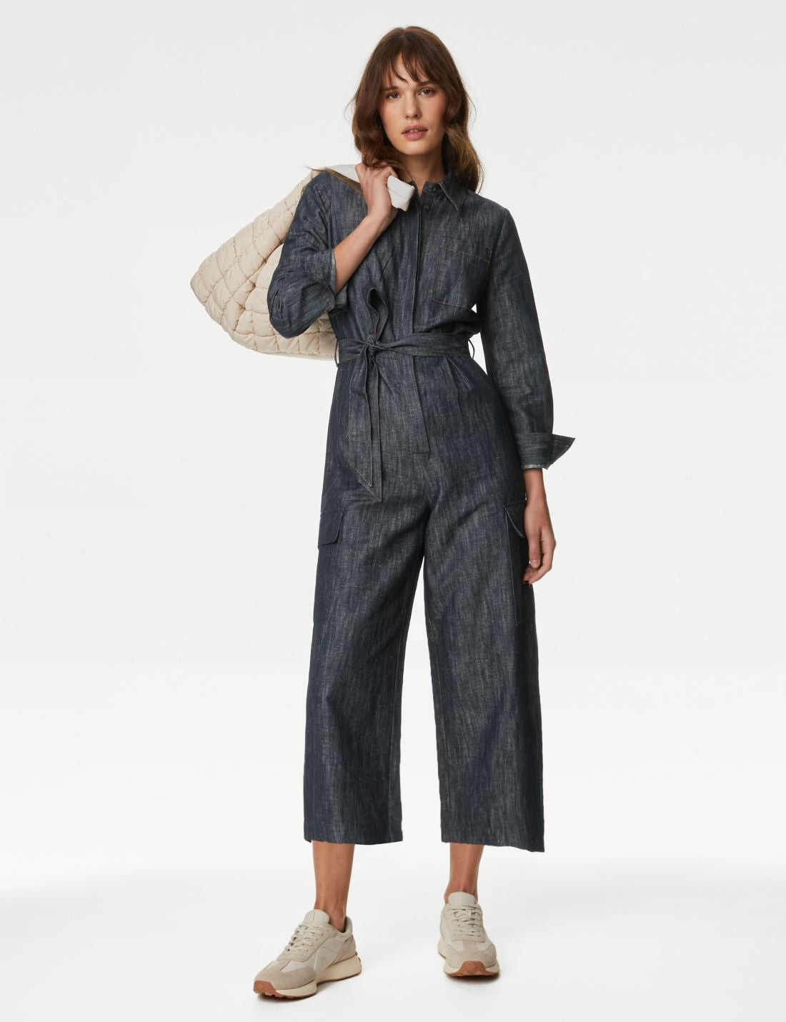 Uzun Kollu Denim Keten Tulum