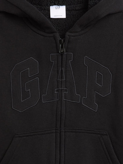 Siyah Sherpa Astarlı Logo Fermuarlı Sweatshirt