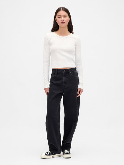 Bej Ribana Crop Bisiklet Yaka T-shirt