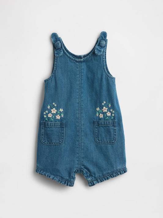 Mavi Çiçekli Işlemeli Denim Tulum