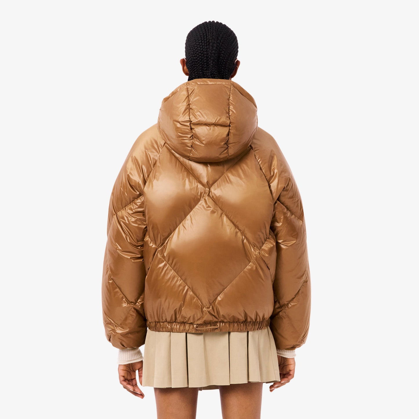 Lacoste Kadın Oversize Fit Kapüşonlu Kapitone Açık Kahverengi Mont