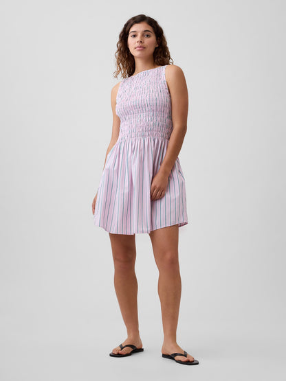 Pembe Smocked Boatneck Mini Elbise