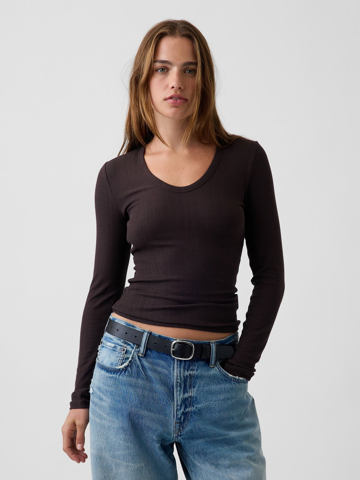 Koyu Kahverengi Çizgili Fitilli T-shirt