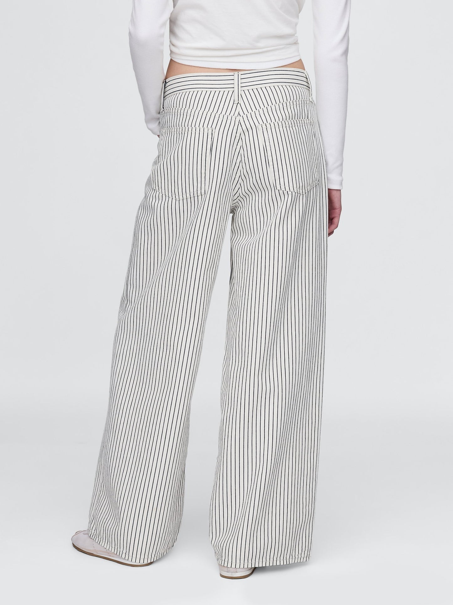 Kırık Beyaz Mid Rise Denim Çizgili Baggy Jean Pantolon