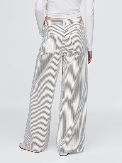 Kırık Beyaz Mid Rise Denim Çizgili Baggy Jean Pantolon