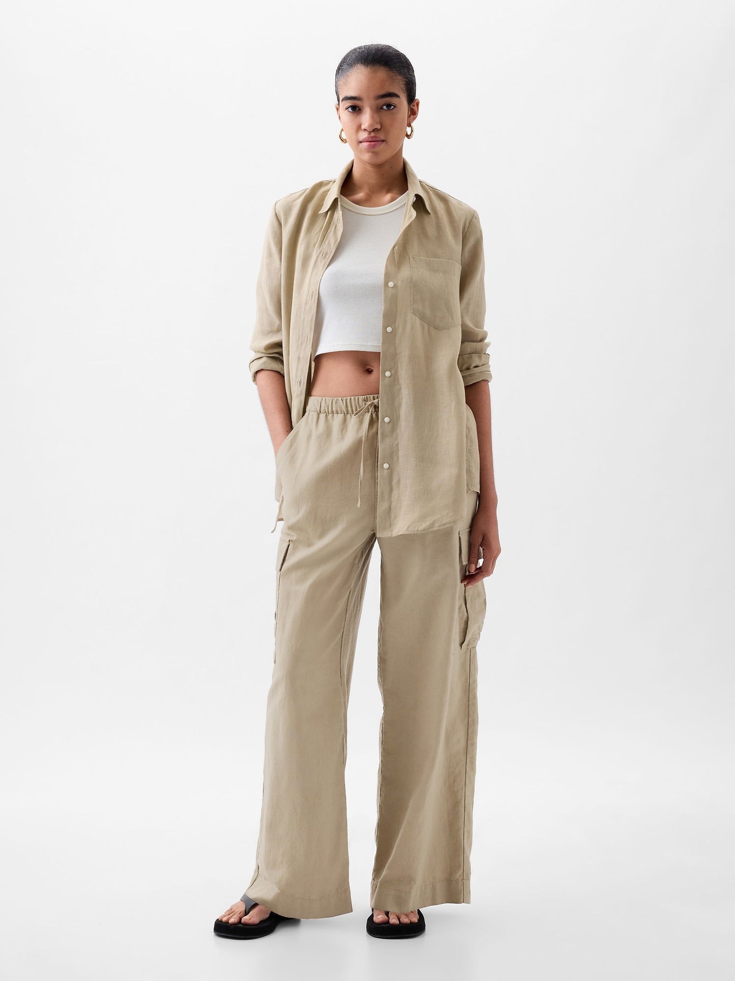Bej Keten Karışımlı Pull-on Kargo Pantolon