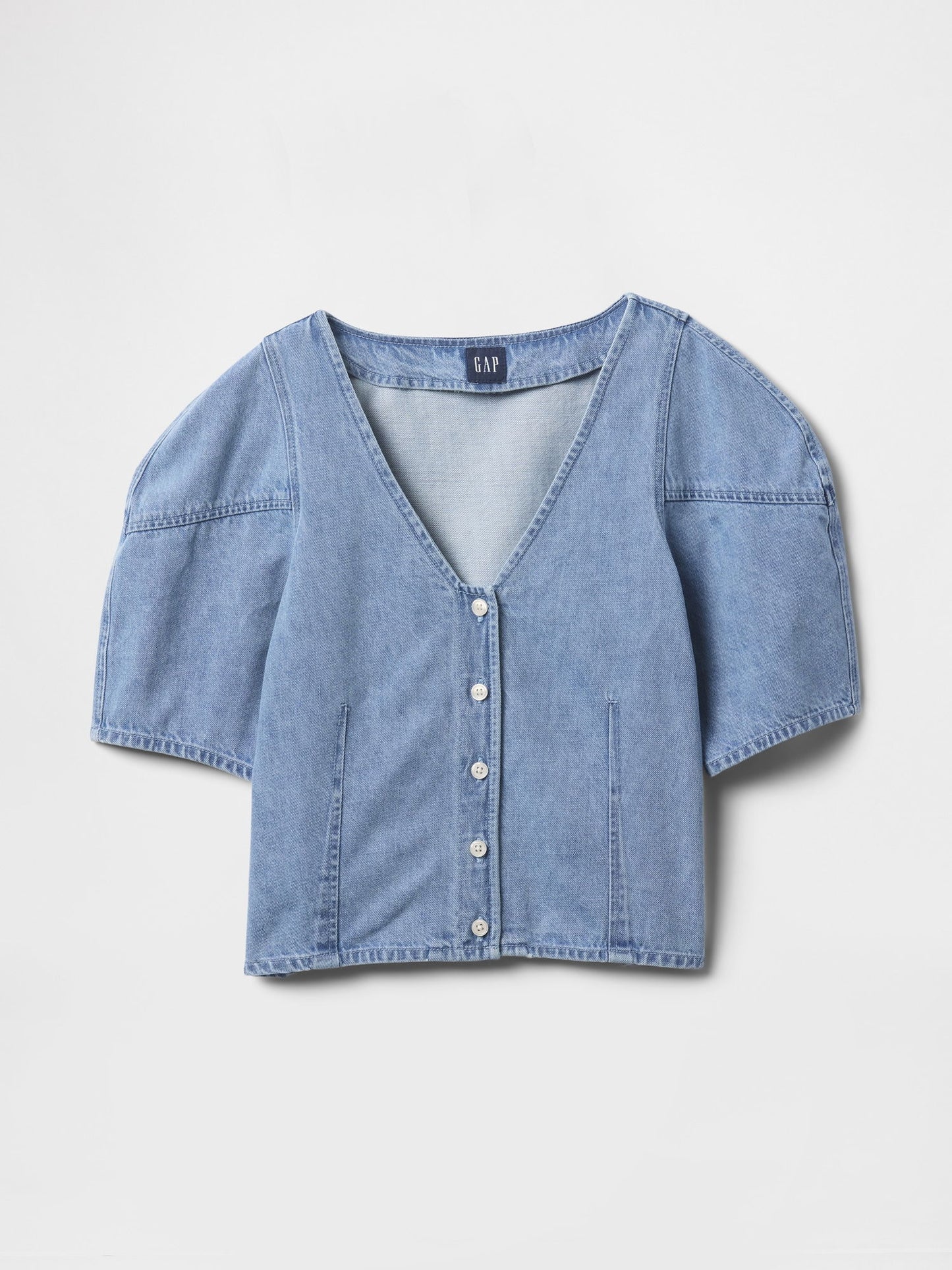 Mavi Kabarık Kol Denim Crop Bluz