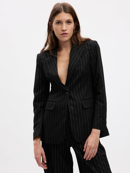 Siyah Metalik Parlak Çizgili Blazer Ceket