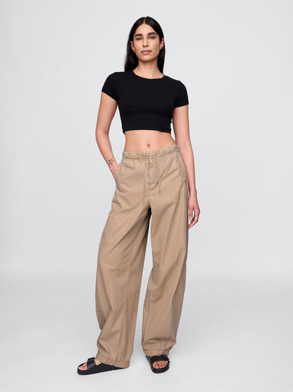Bej Mid Rise Barrel Paraşüt Pantolon