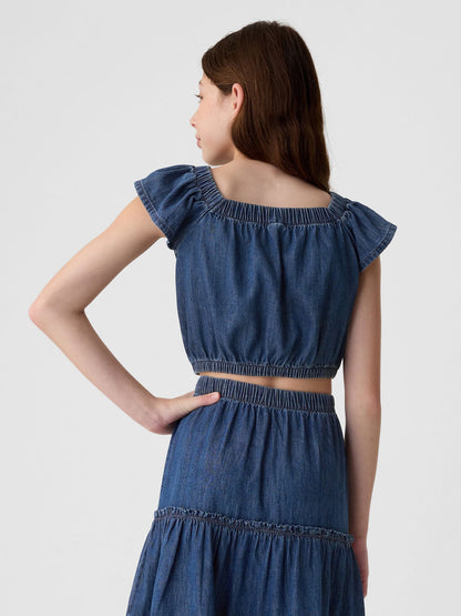 Koyu Mavi Fırfır Kollu Denim Bluz