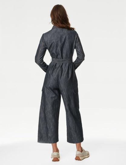 Uzun Kollu Denim Keten Tulum