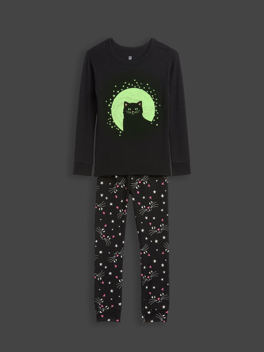 Siyah Glow-in-the-dark Halloween Cat Pijama Takımı