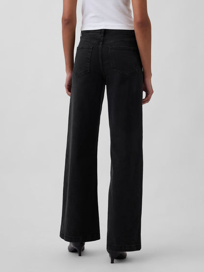 Siyah High Rise Stride Wide-leg Jean Pantolon