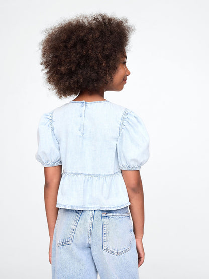 Açık Mavi Denim Fırfırlı Peplum Bluz