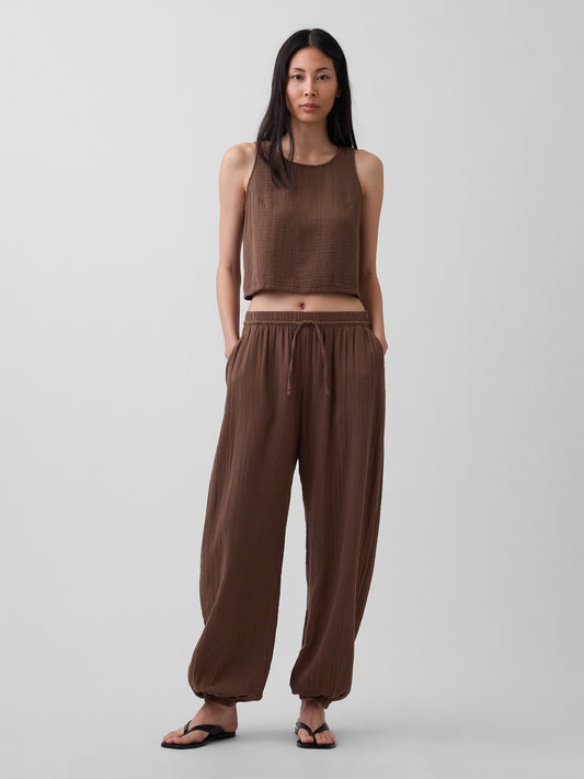 Kahverengi Pamuk Gauze Barrel Jogger Pantolon