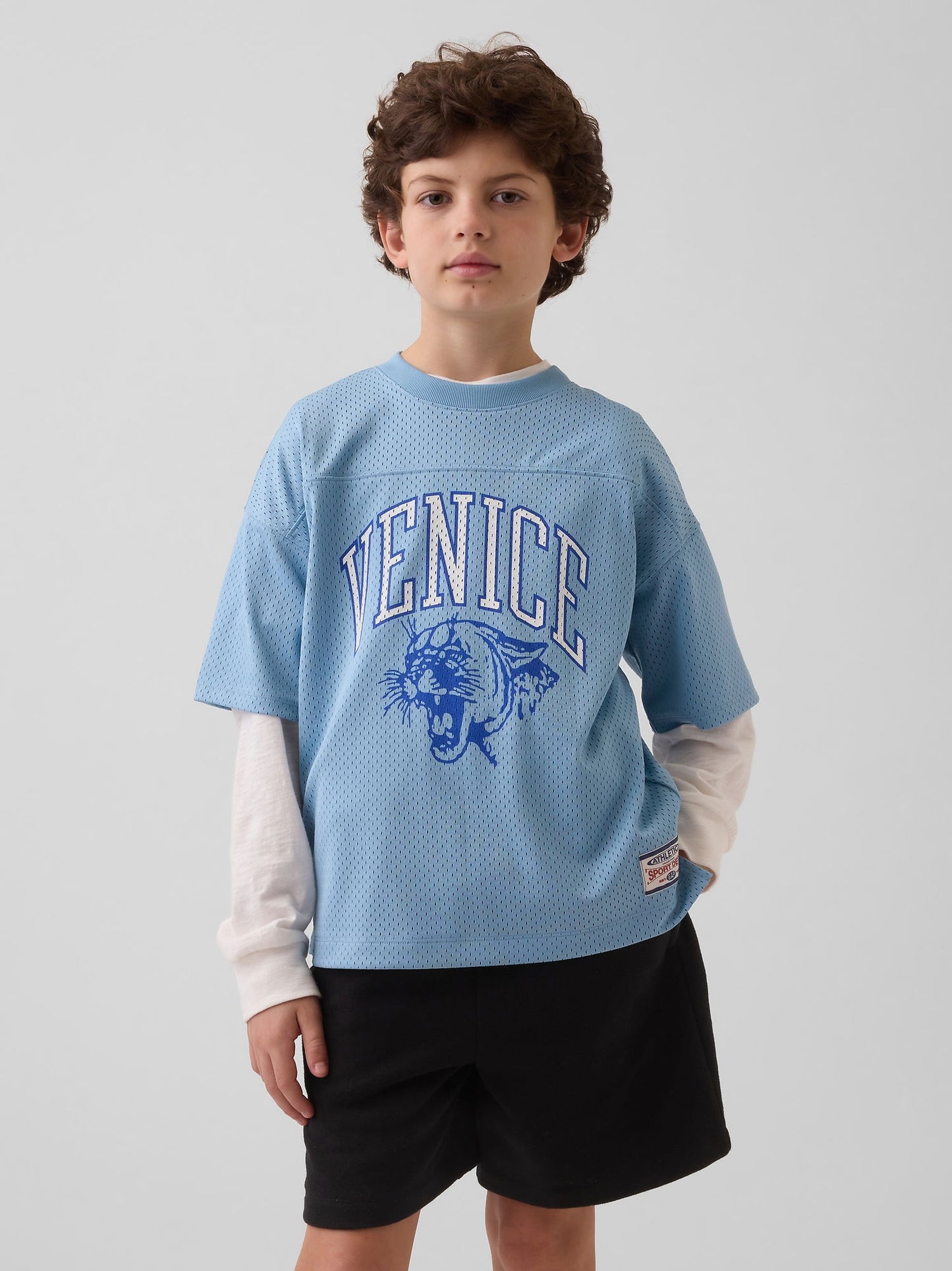 Açık Mavi Mesh Oversized Grafik Jersey T-shirt