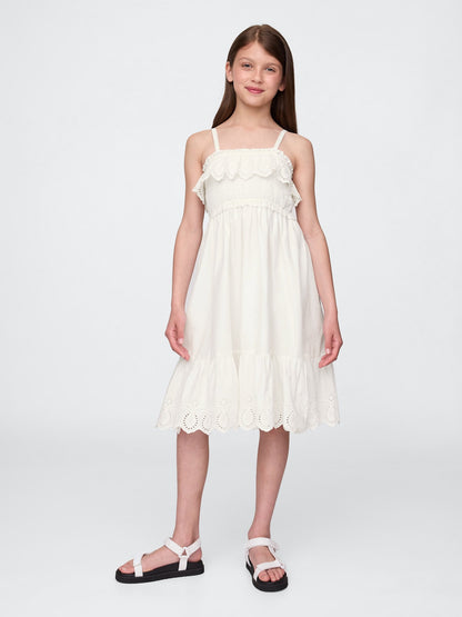 Beyaz Kids Smocked Ruffle Midi Elbise