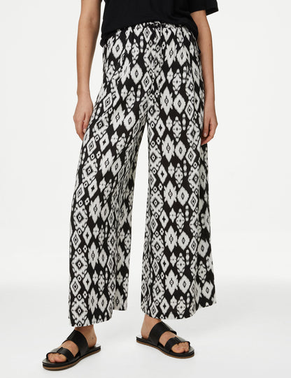 Yüksek Bel Desenli Crop Wide Leg Pantolon