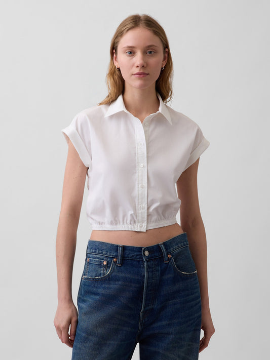 Beyaz Poplin Cap-sleeve Crop Bluz