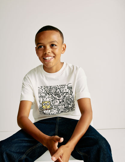 Saf Pamuk Spongebob X Doodle boy T-shirt (2-16 Yaş)