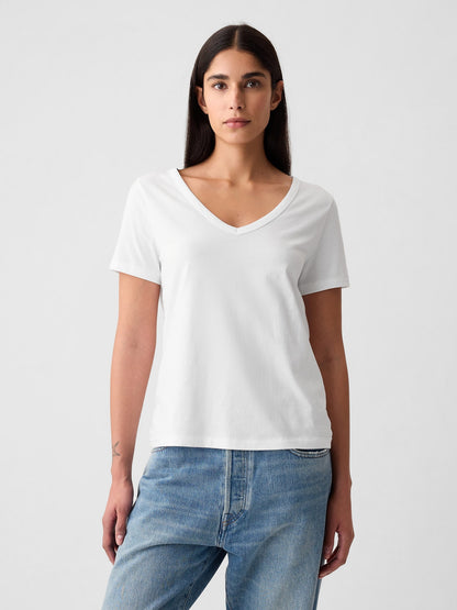 Beyaz Organik Pamuk Vintage V Yaka T-shirt