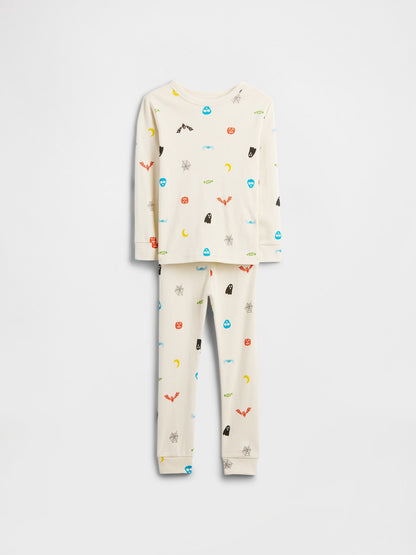 Krem Halloween Grafik Baskılı Pijama Takımı