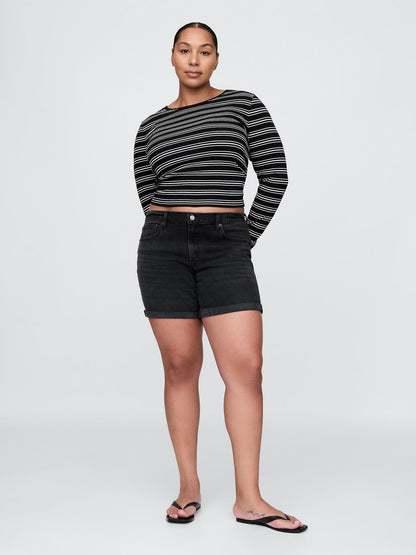 Siyah 5 Mid Rise Denim Girlfriend Şort