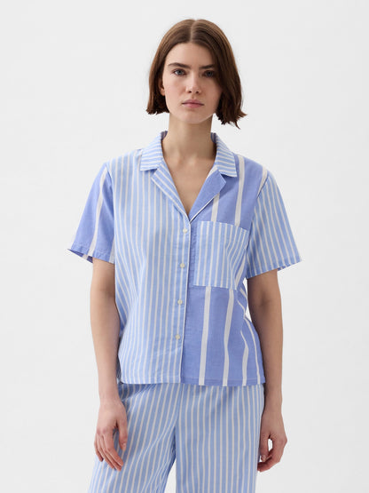 Mavi Desenli Poplin Pijama Üstü
