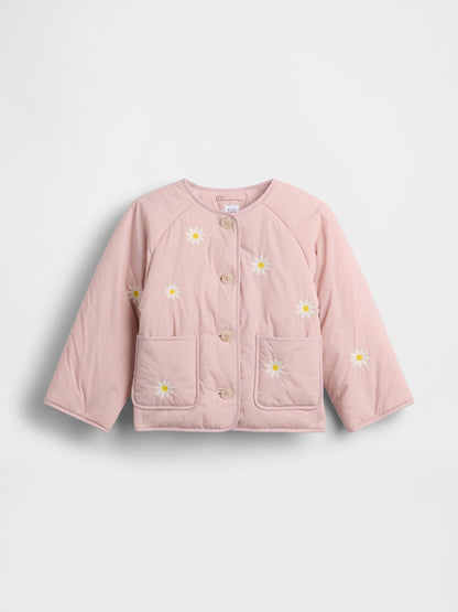Açık Pembe Floral Embroidered Kapitone Ceket
