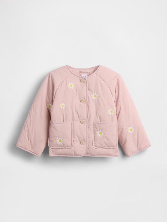 Açık Pembe Floral Embroidered Kapitone Ceket