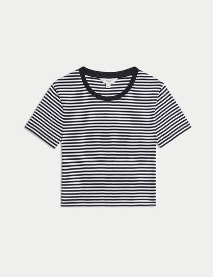 Saf Pamuk Çizgili Crop T-shirt