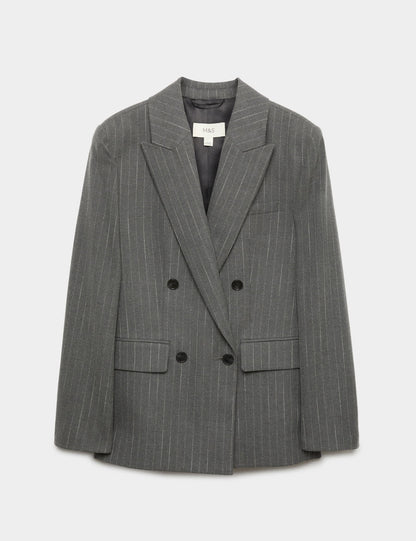 Yün Karışımlı Çizgili Çift Düğmeli Blazer