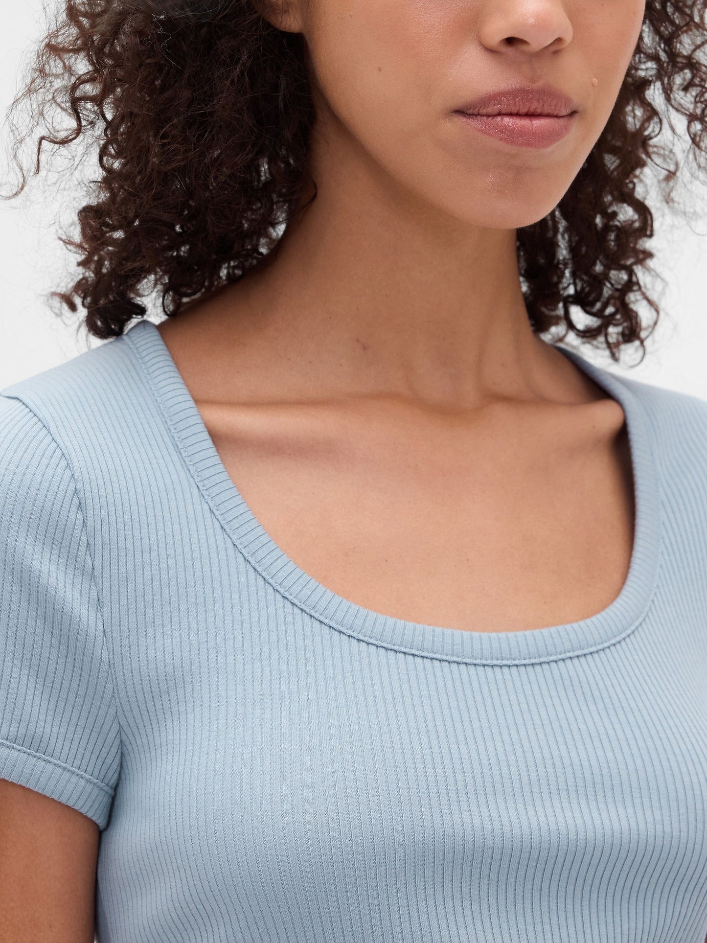 Açık Mavi Modern Fitilli Scoop Crop T-shirt