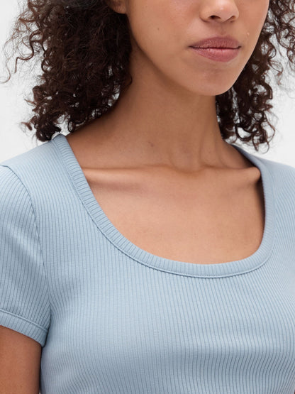 Açık Mavi Modern Fitilli Scoop Crop T-shirt