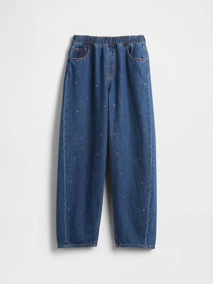 Koyu Mavi High Rise Rhinestone Easy Barrel Jean Pantolon