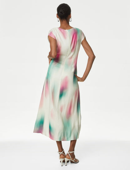 Regular Fit Desenli Midi Cupro Elbise