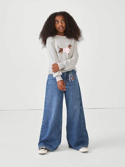 Mavi Low Rise Işlemeli Baggy Jean Pantolon