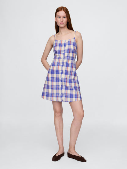 Mavi Linen-blend Bağcıklı Mini Elbise