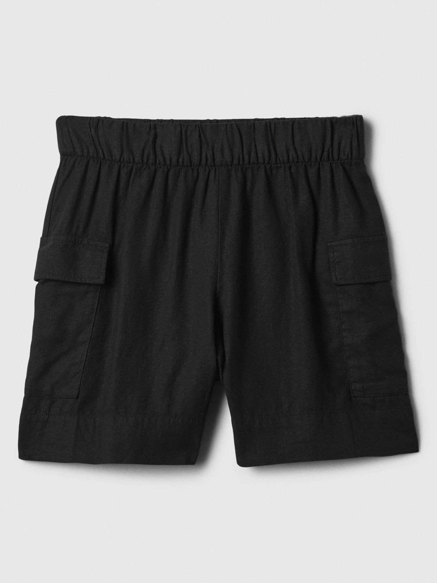 Siyah Keten Karışımlı Pull-on Kargo Şort